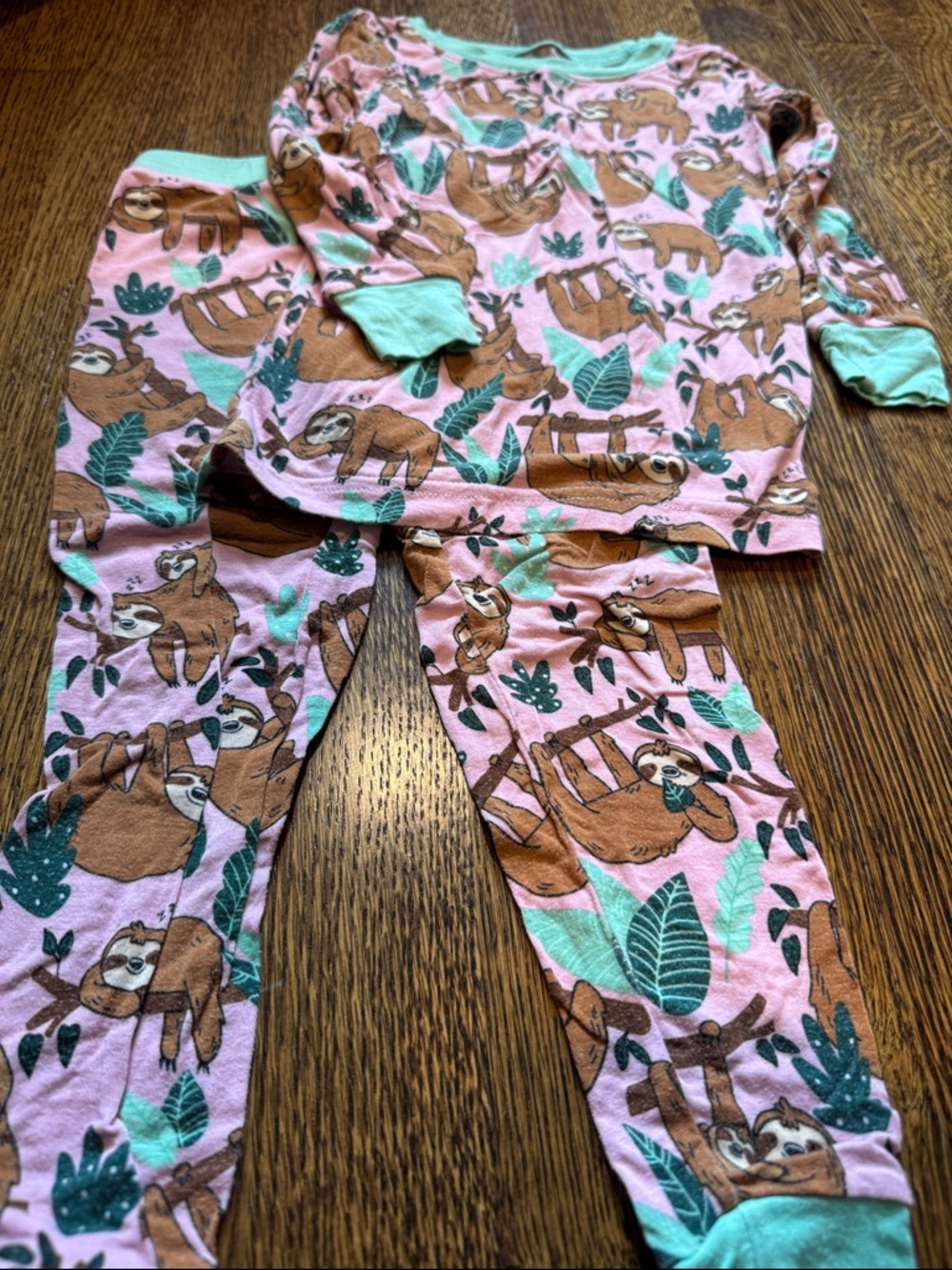 Little Sleepies Pink Sloth Pajama Set with Mint Trim - Picture 2 of 5